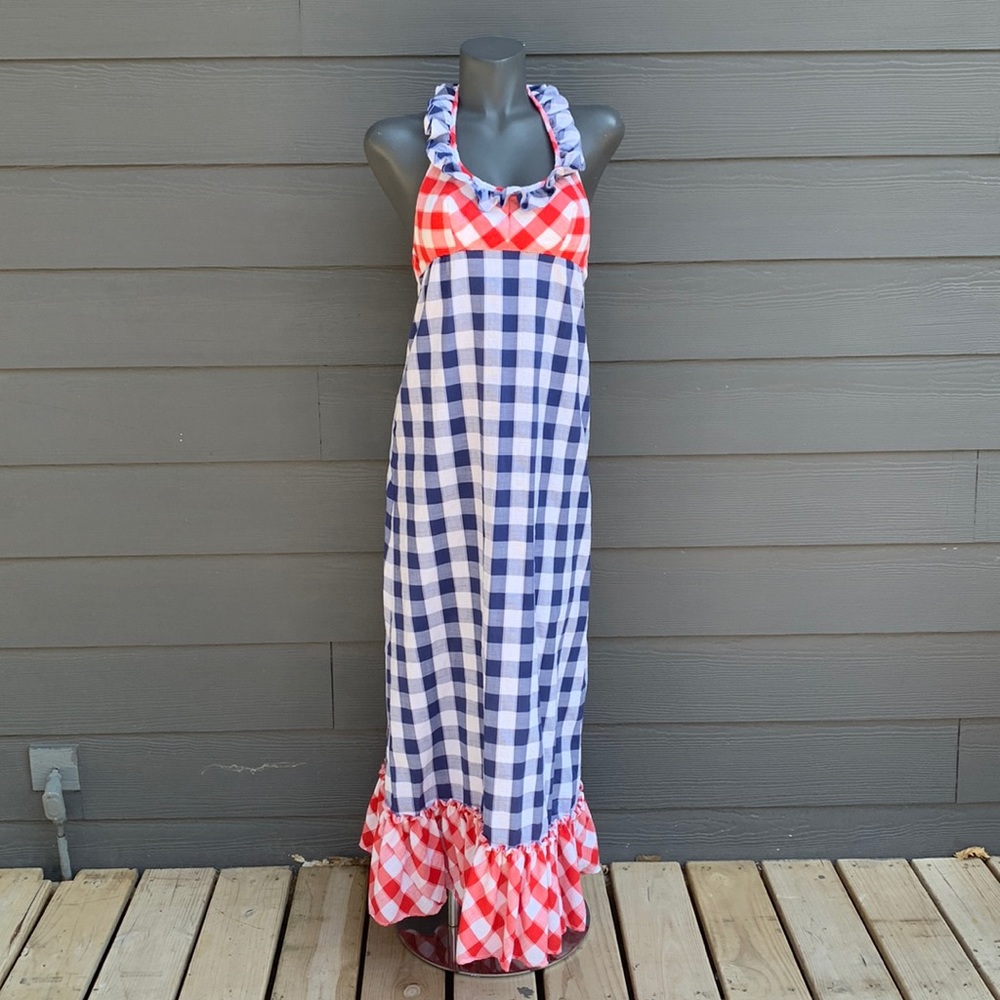 Red, White, and Blue Gingham Maxi Halter Dress by Beach Party